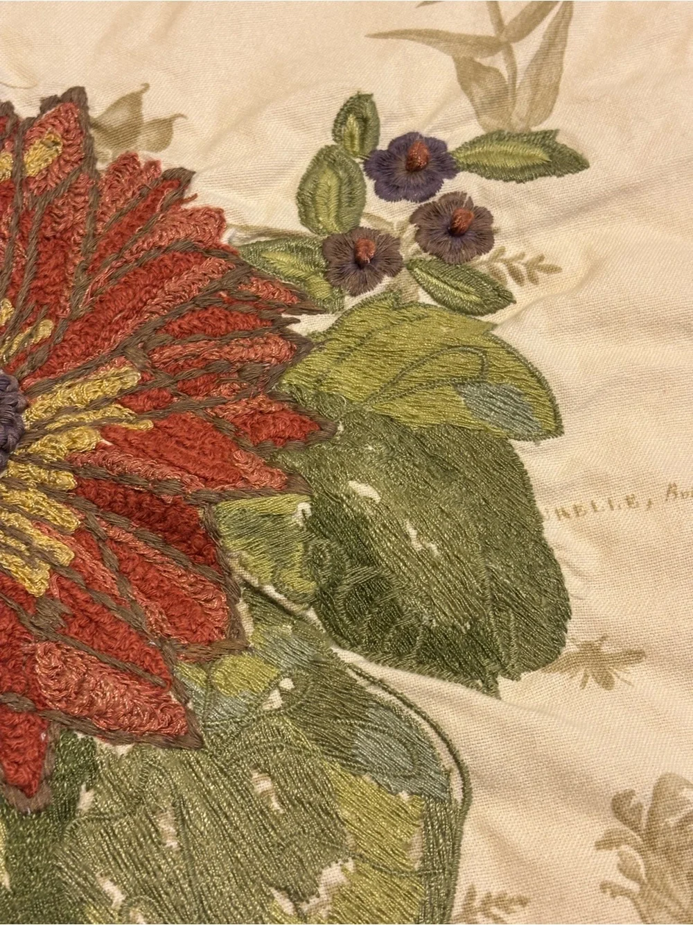 Pottery Barn Floral Crewel Embroidered Throw Pillow Sham Cover Botanical Buttons
